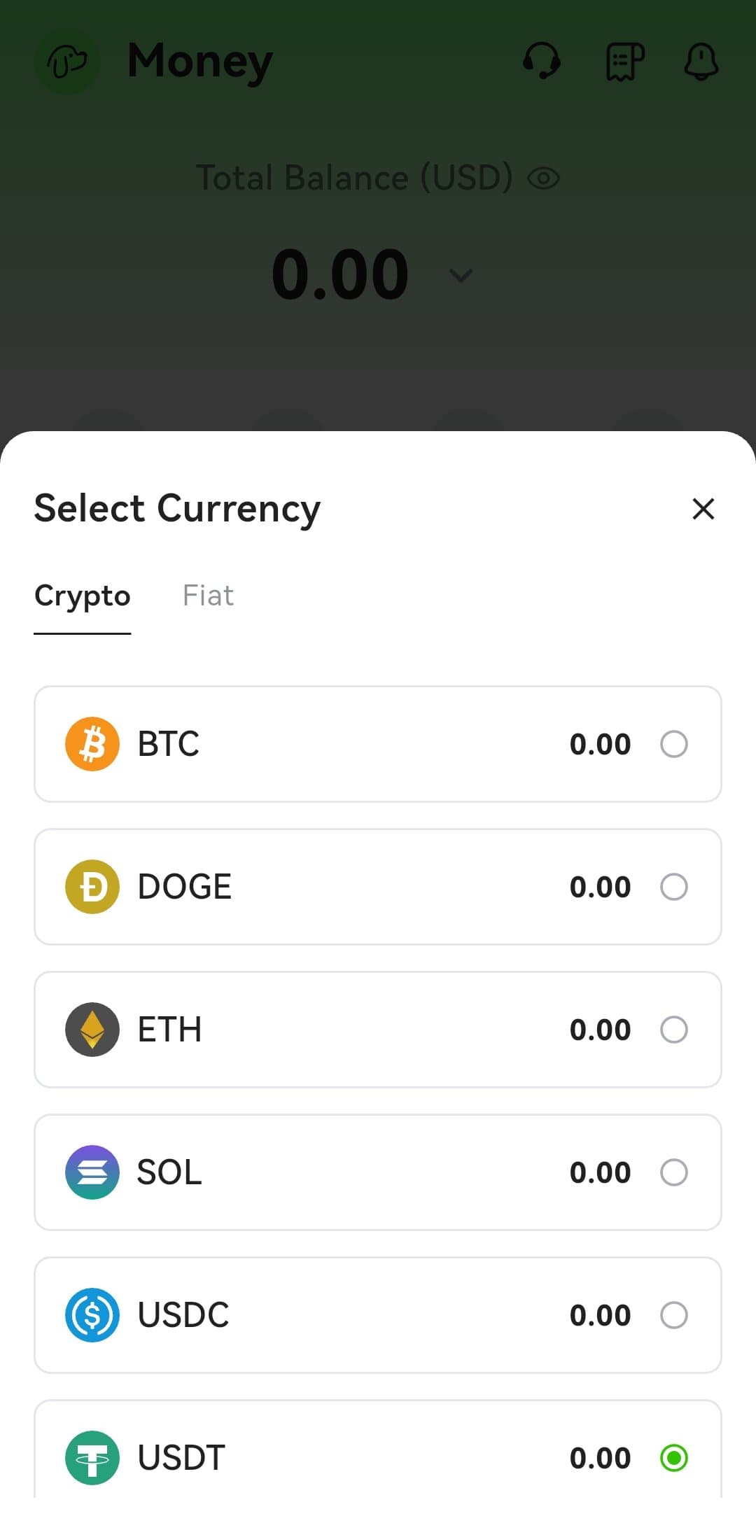 DogPay currency selection screen listing BTC, DOGE, ETH, SOL, USDC and USDT as deposit options