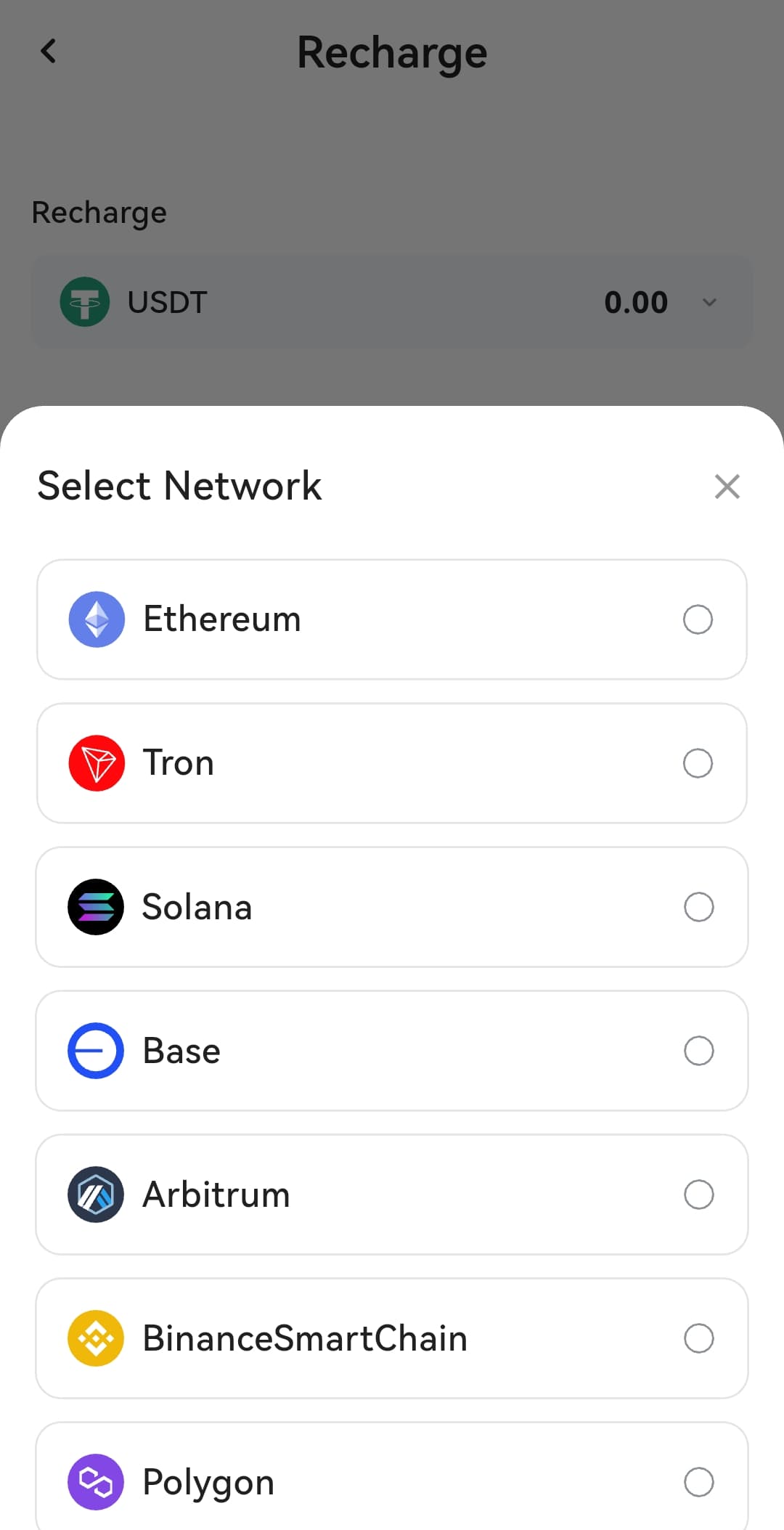 DogPay network selection screen listing Ethereum, Tron, Solana, Base, Arbitrum, Binance Smart Chain and Polygon