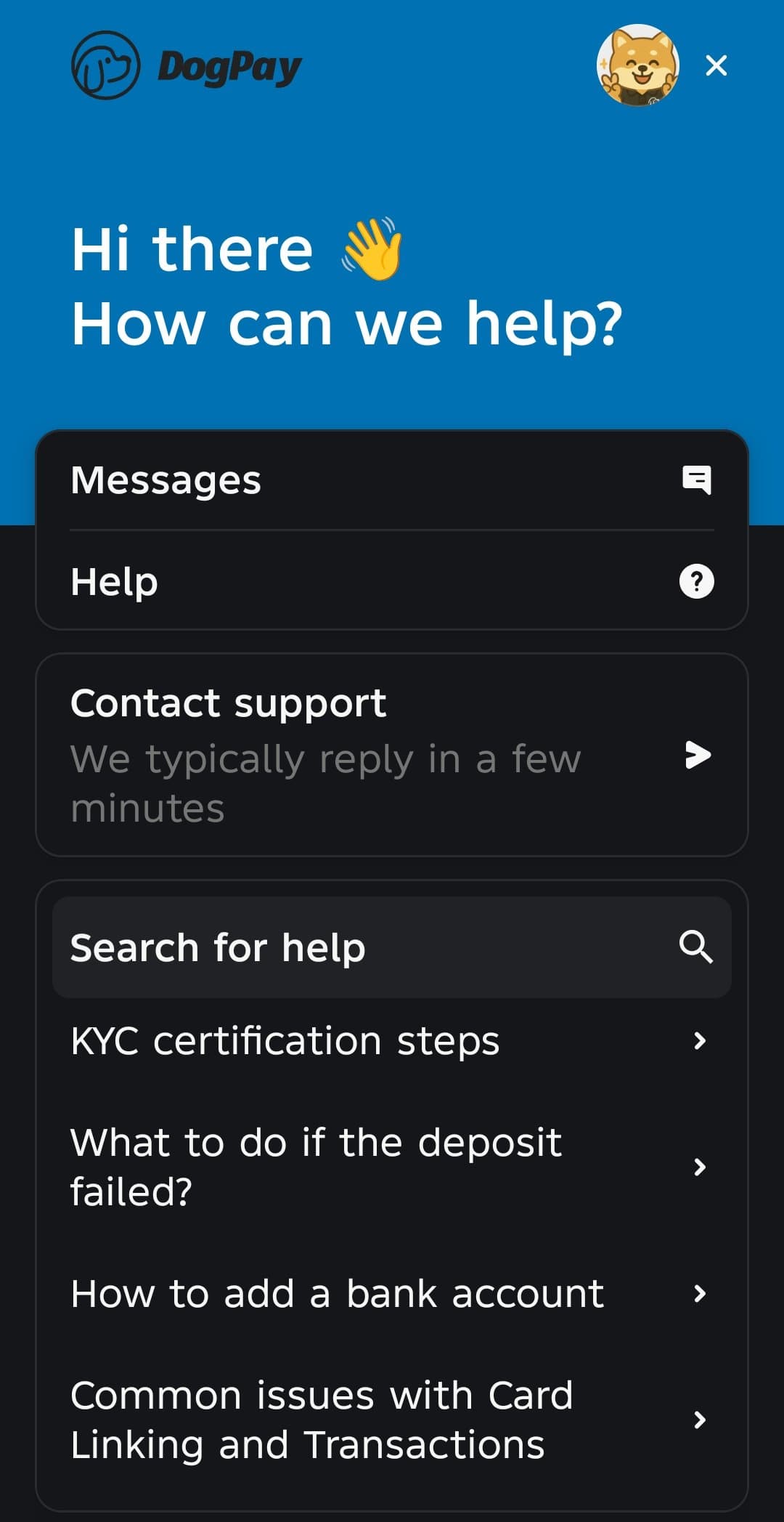 DogPay in-app support chat offering Messages, Help, Contact support, and guides for KYC certification and failed deposits