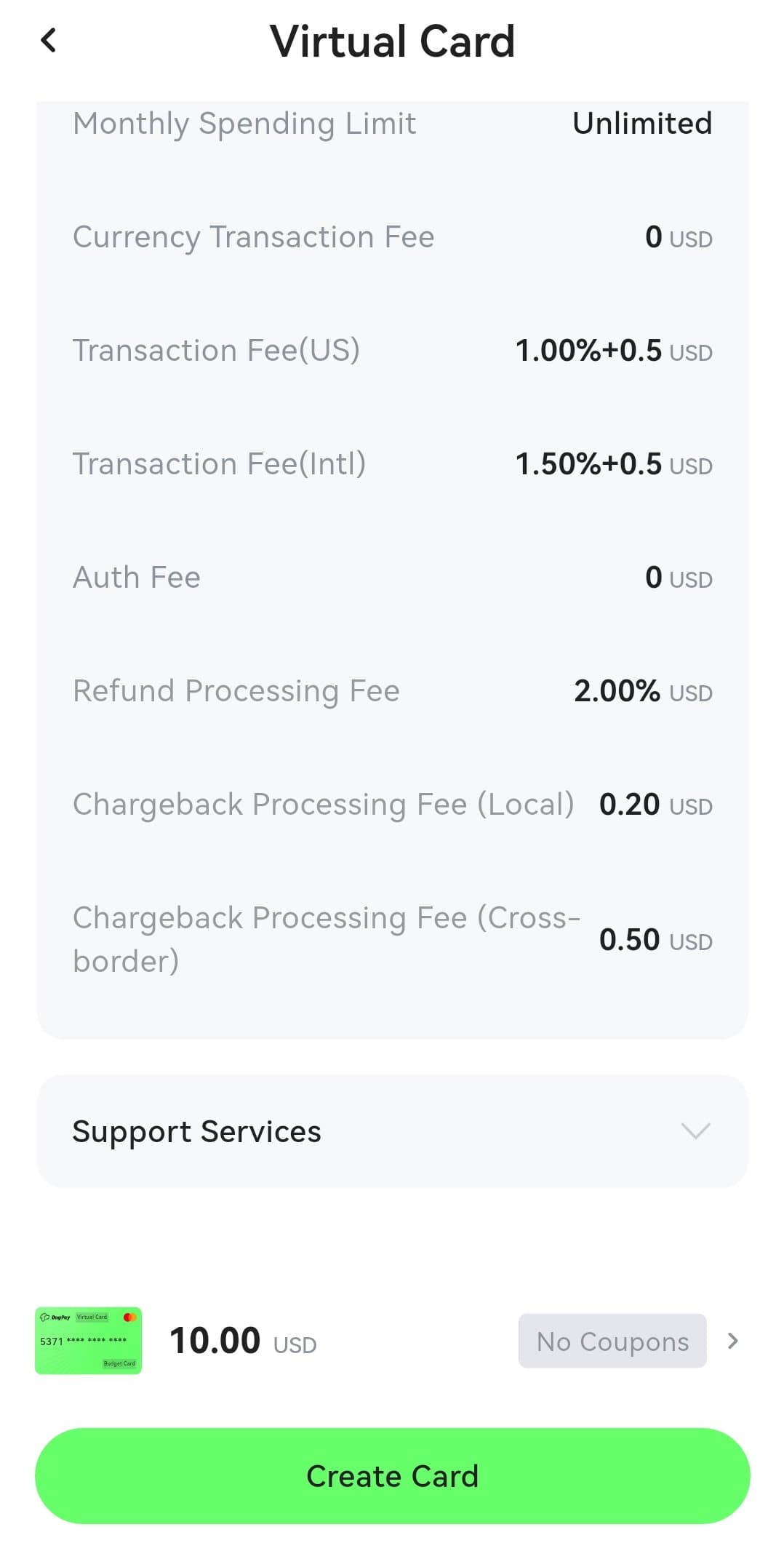 DogPay supported apps screen confirming 3DS, Google Pay, Apple Pay, Amazon, Anthropic API, Claude AI, Midjourney and OpenAI API compatibility