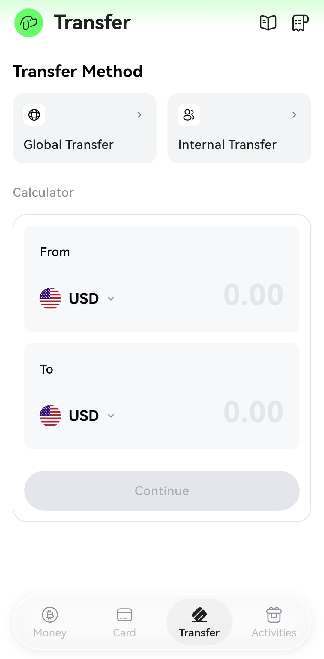 DogPay Transfer screen showing Global Transfer and Internal Transfer options with a USD to USD currency calculator