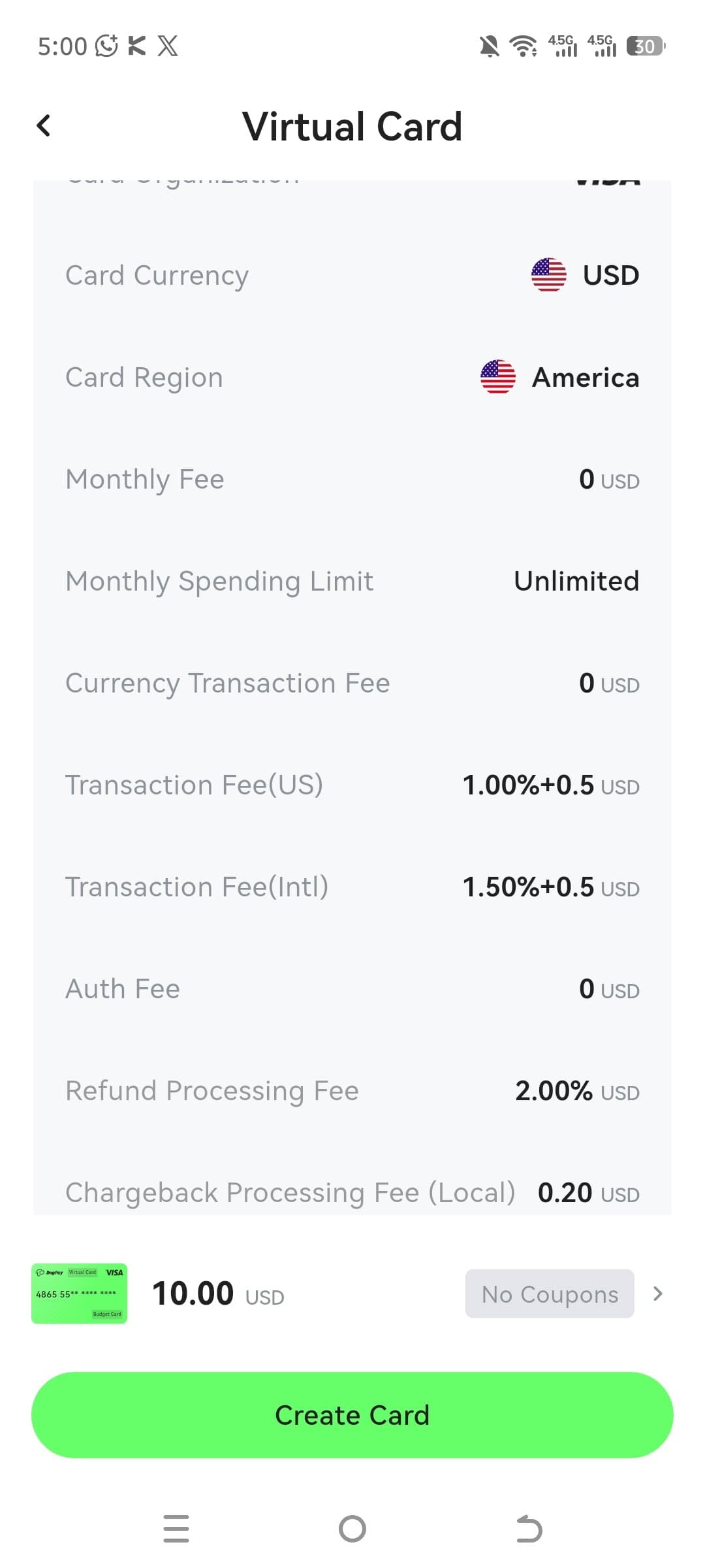 DogPay fee table for an American region Visa card showing 1 percent plus 0.5 USD US transaction fee and 1.5 percent plus 0.5 USD international fee