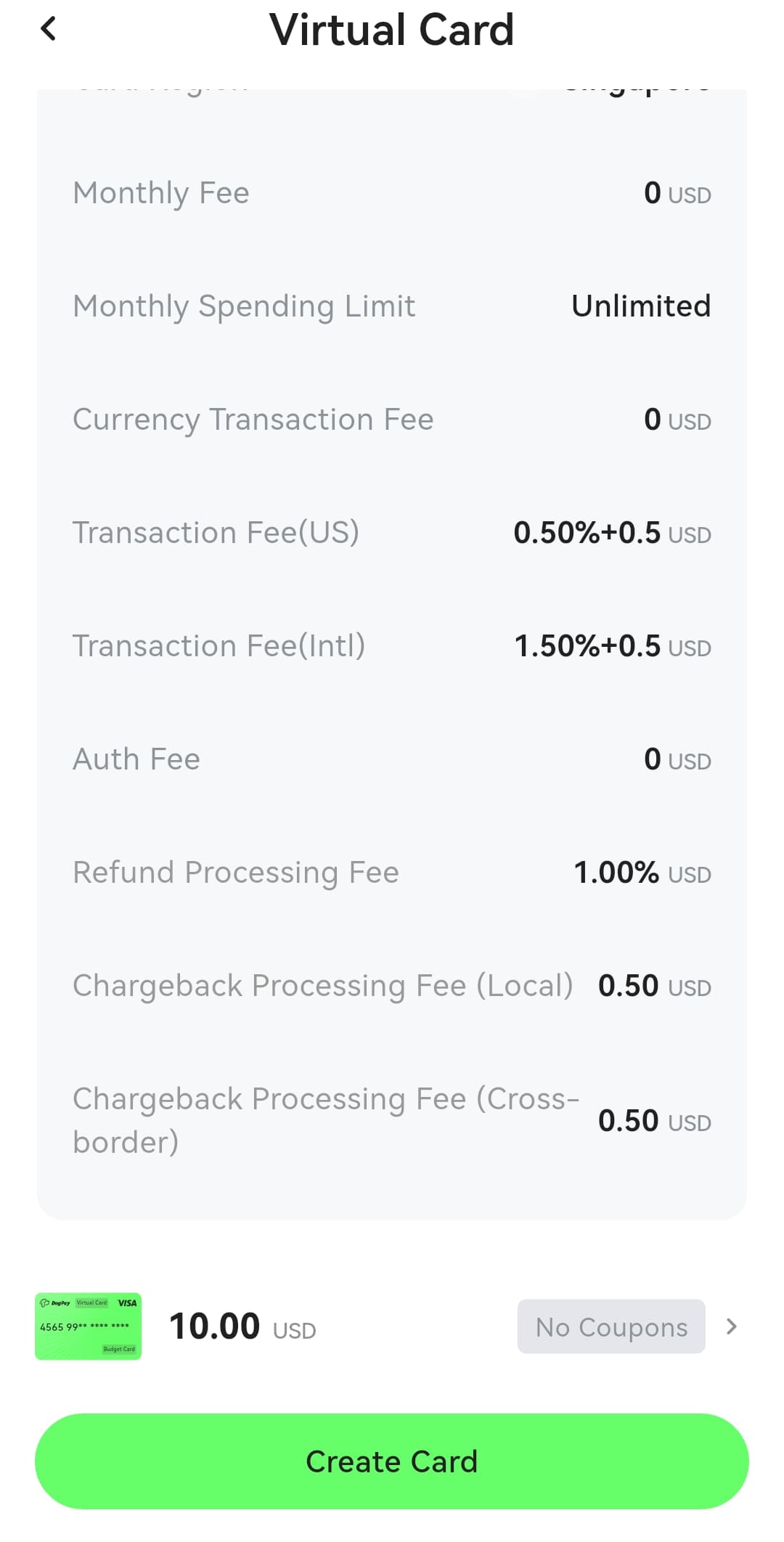 DogPay fee table for a Singapore region Visa card showing 0.5 percent plus 0.5 USD US transaction fee and 1.5 percent plus 0.5 USD international fee