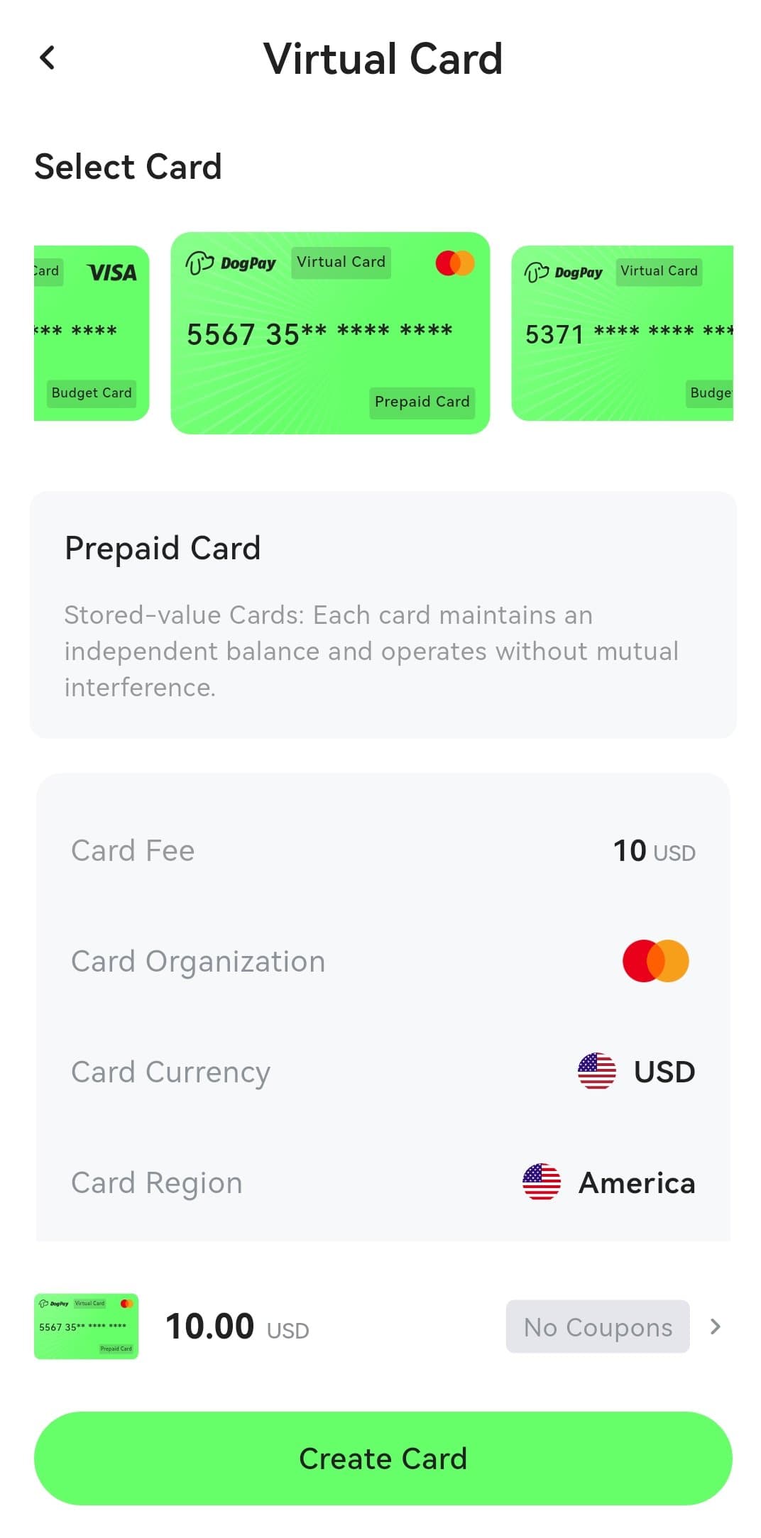 DogPay virtual card creation screen for a Mastercard Prepaid Card in the America region with a 10 USD card fee