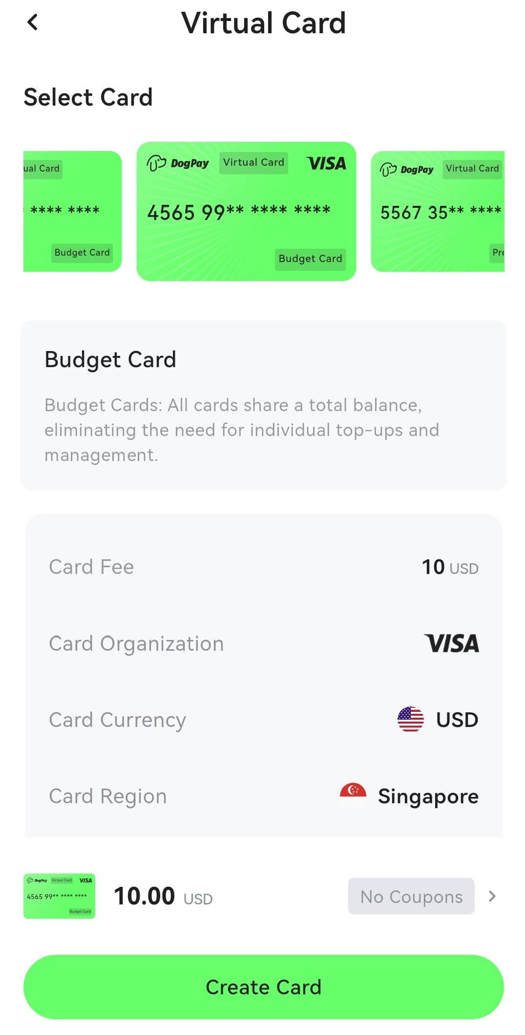 DogPay virtual card creation screen for a Visa Budget Card in the Singapore region with a 10 USD card fee