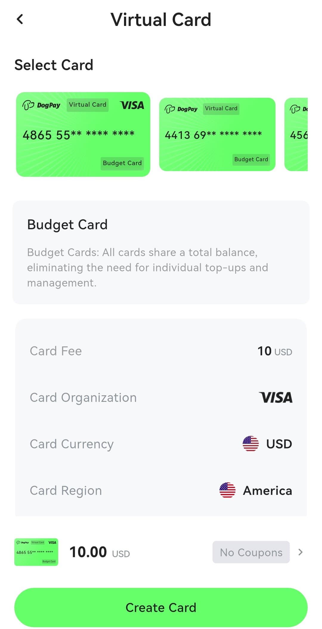 DogPay virtual card creation screen for a Visa Budget Card in the America region with a 10 USD card fee