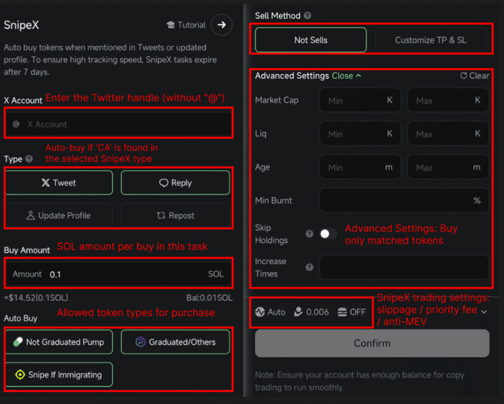 SnipeX parameter settings screen for configuring buy amounts and slippage on GMGN