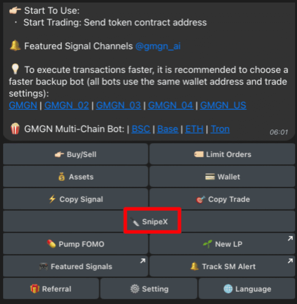 SnipeX Telegram bot interface for sniping tokens via Telegram on GMGN