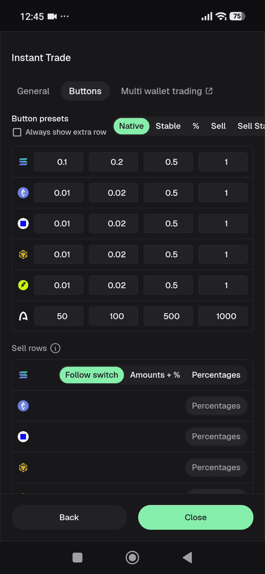Padre Terminal trade settings screen with slippage and priority fee controls