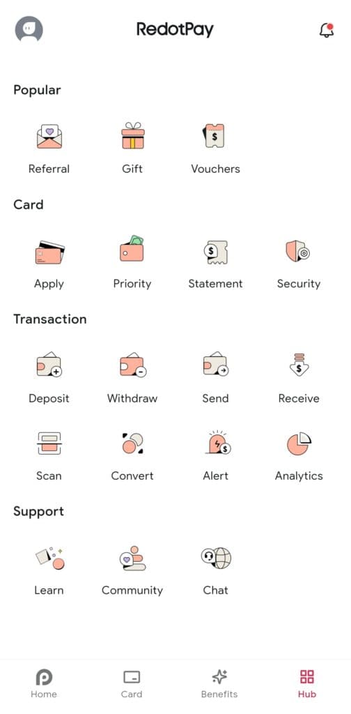 RedotPay app home screen showing card balance and crypto holdings