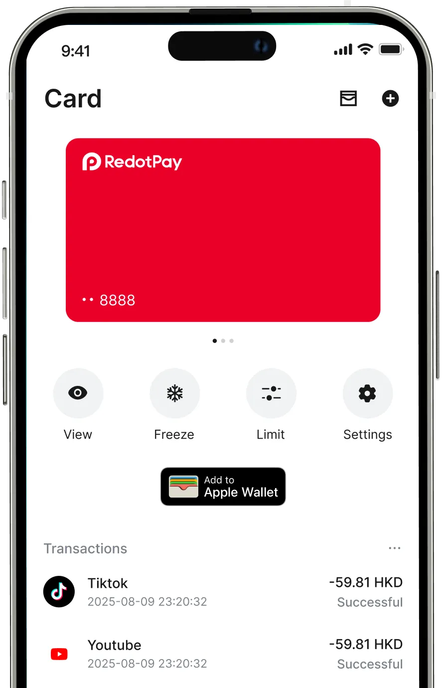 RedotPay Visa card official product image showing the red virtual card in the app
