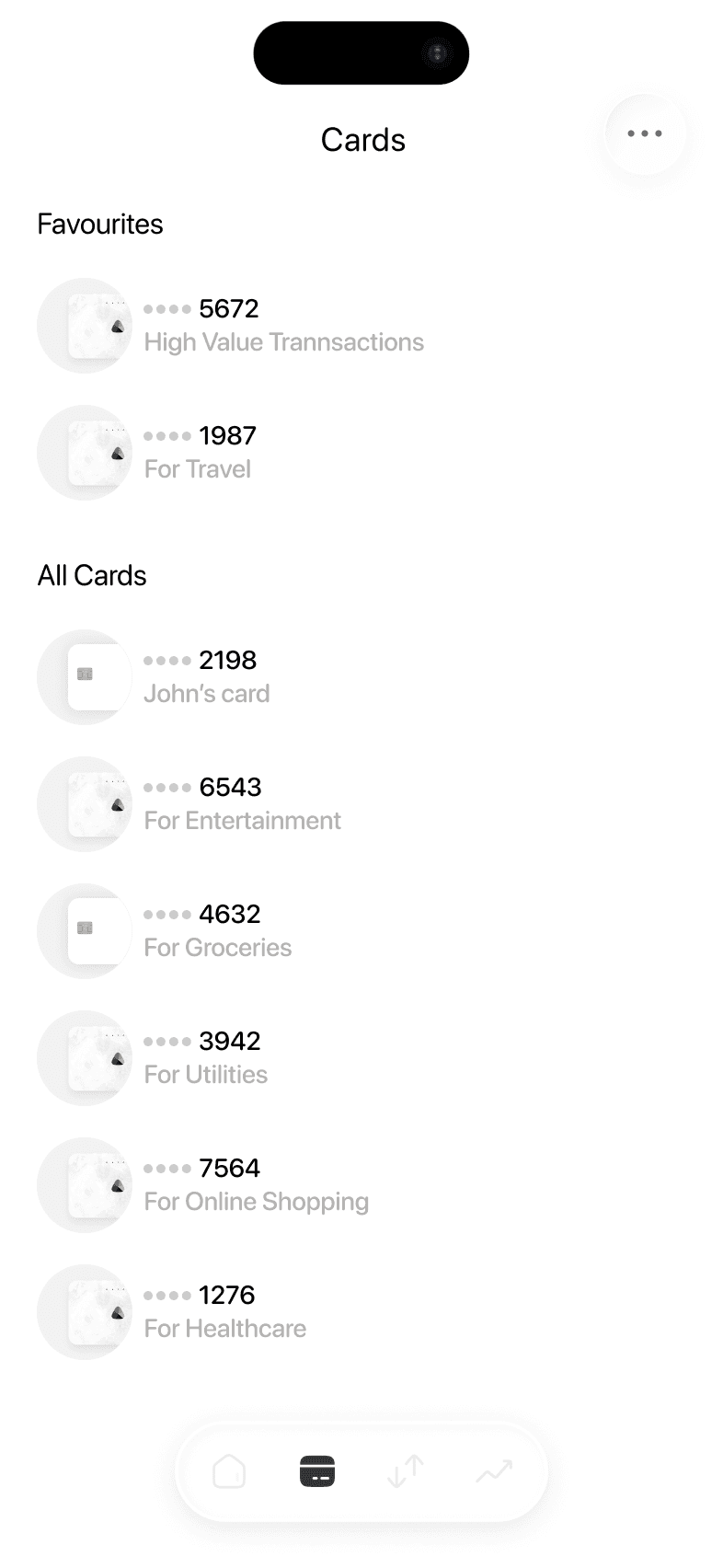 Avici app showing multiple virtual cards set up for travel, groceries, and other spending categories