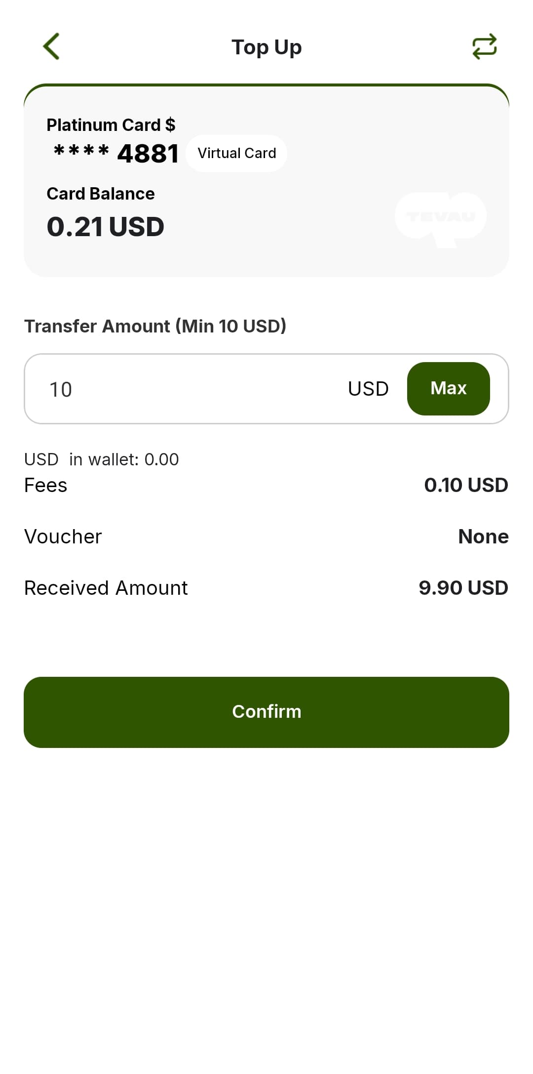 Tevau app deposit fee information from 2025, before the current fee schedule was verified in October 2026