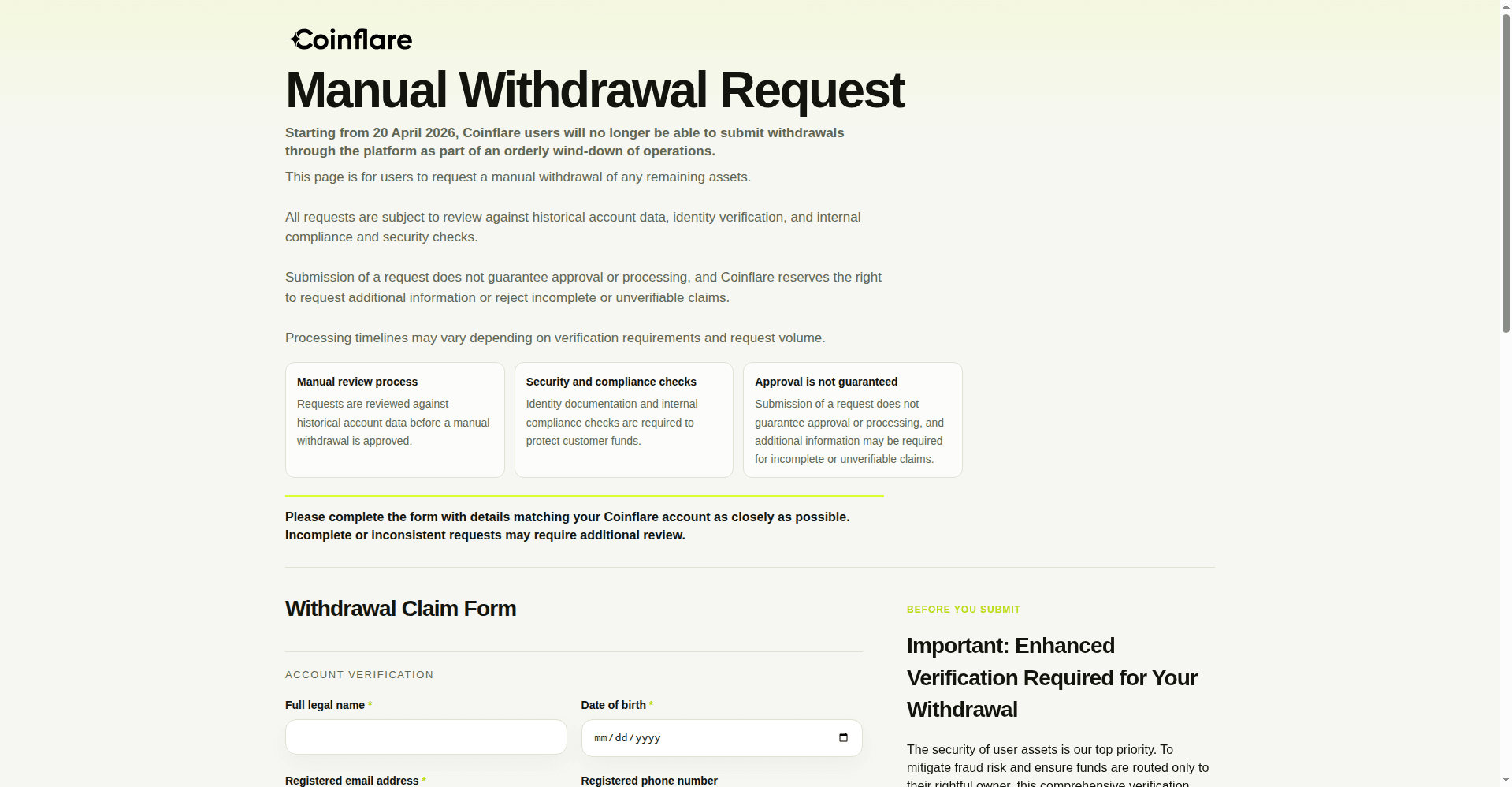 Coinflare manual withdrawal request page announcing the April 2026 wind-down of operations