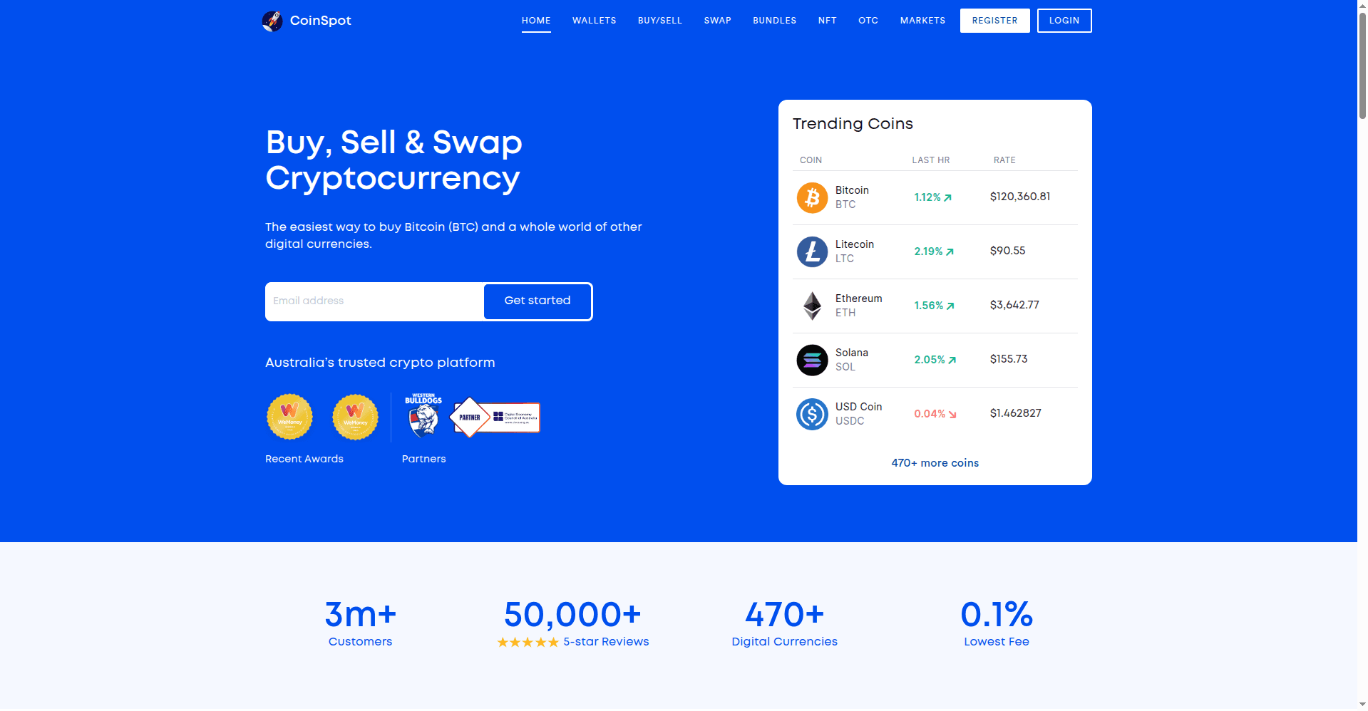 CoinSpot homepage with the buy, sell and swap headline, trending coins panel, and customer stats