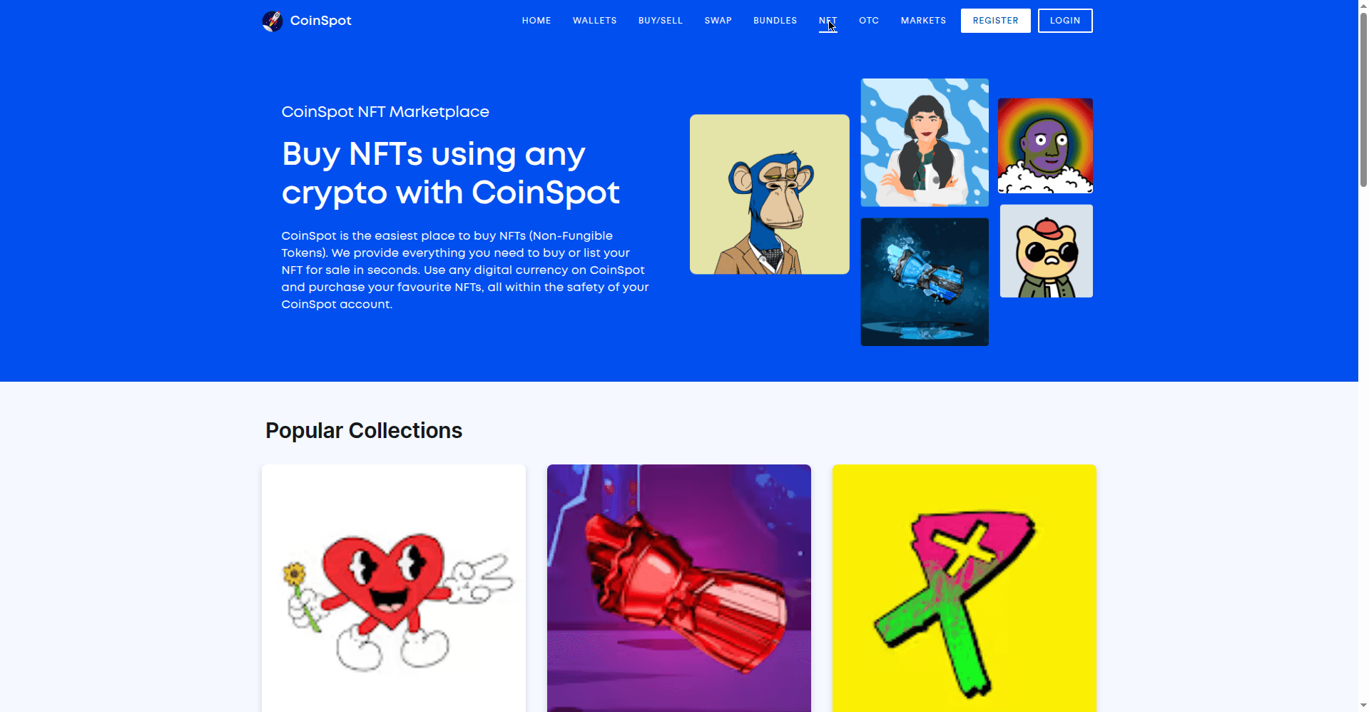 CoinSpot NFT marketplace page showing NFT collections available for purchase