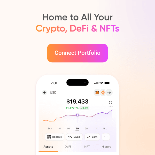 CoinStats app on a phone showing portfolio value, asset chart, and tabs for assets, DeFi, NFTs, and history