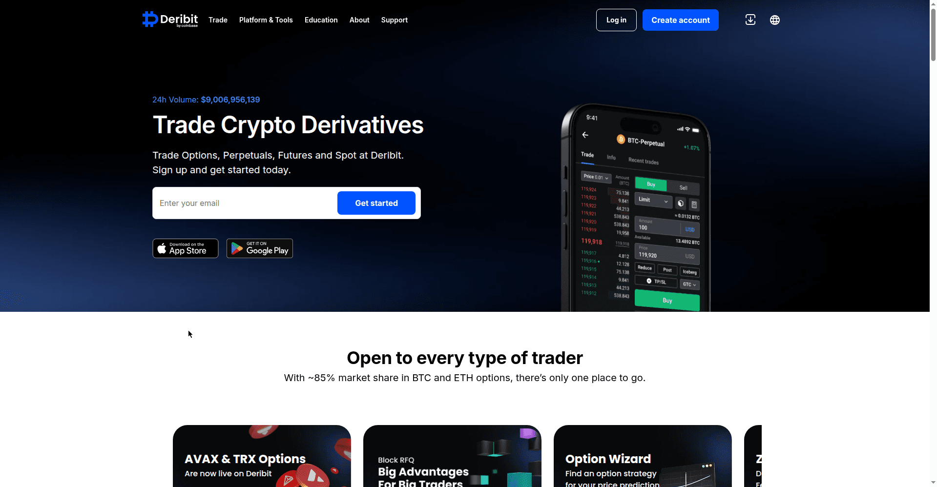 Deribit homepage with options trading highlights and product links