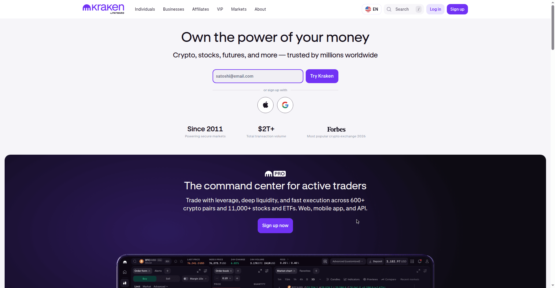 Kraken homepage with current product lineup