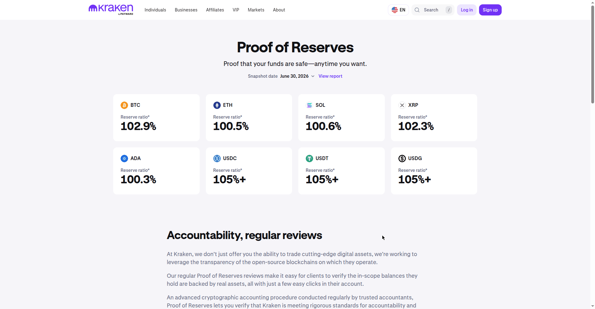 Kraken proof of reserves page explaining the audit process
