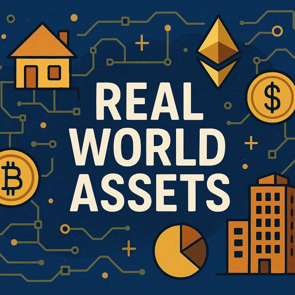 Illustration of real-world assets like buildings and gold being tokenized on a blockchain