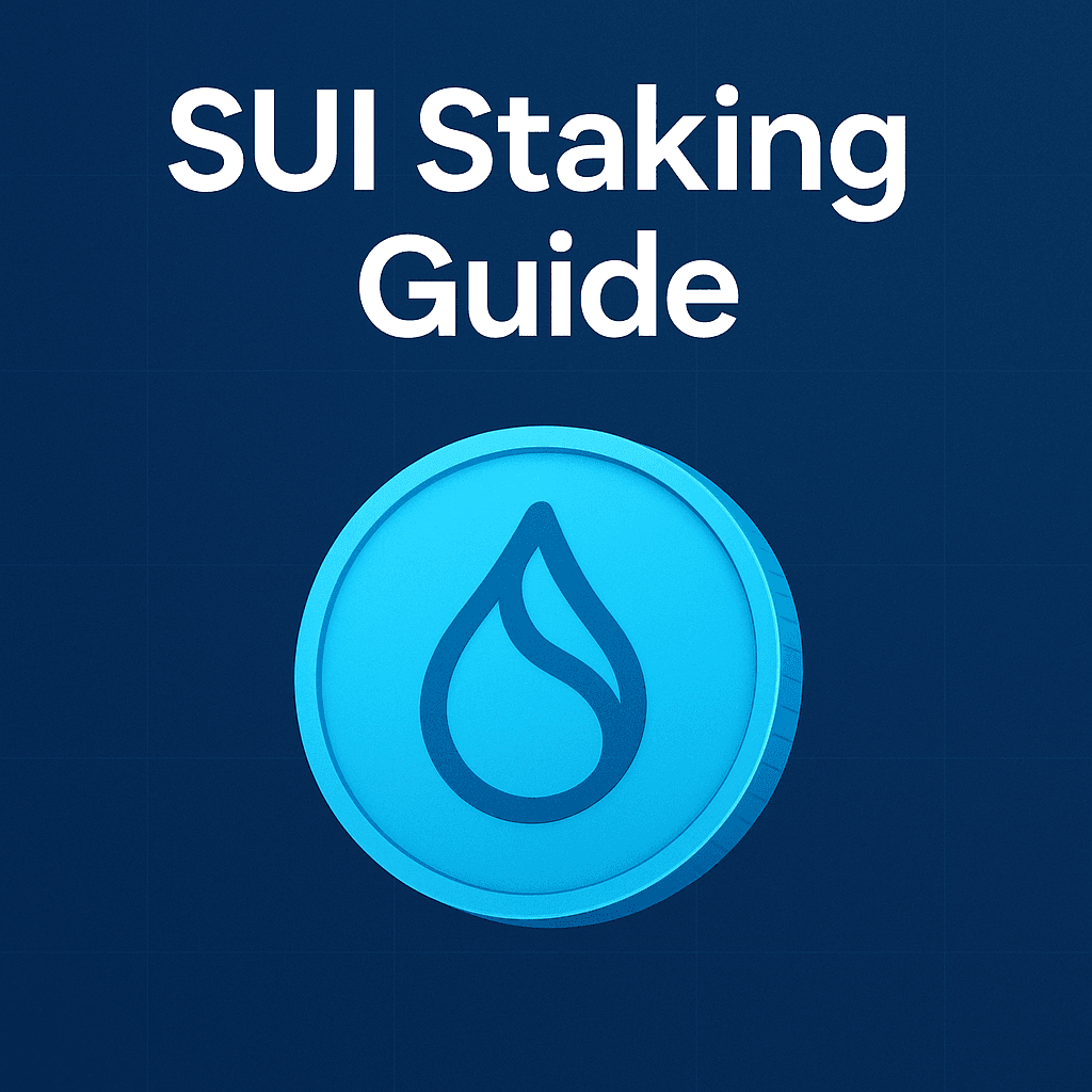 SUI Staking Guide title card with the Sui coin logo