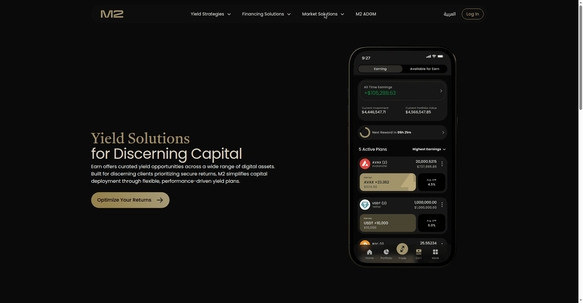 M2 Earn page showing yield plans for digital assets