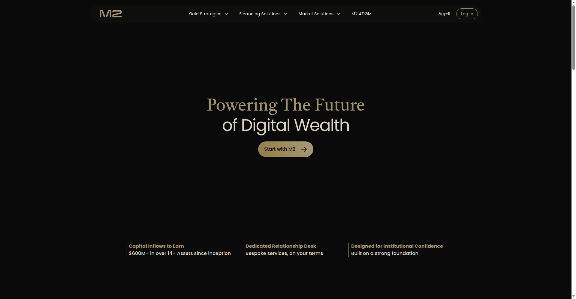 M2 homepage with the digital wealth tagline and institutional product navigation