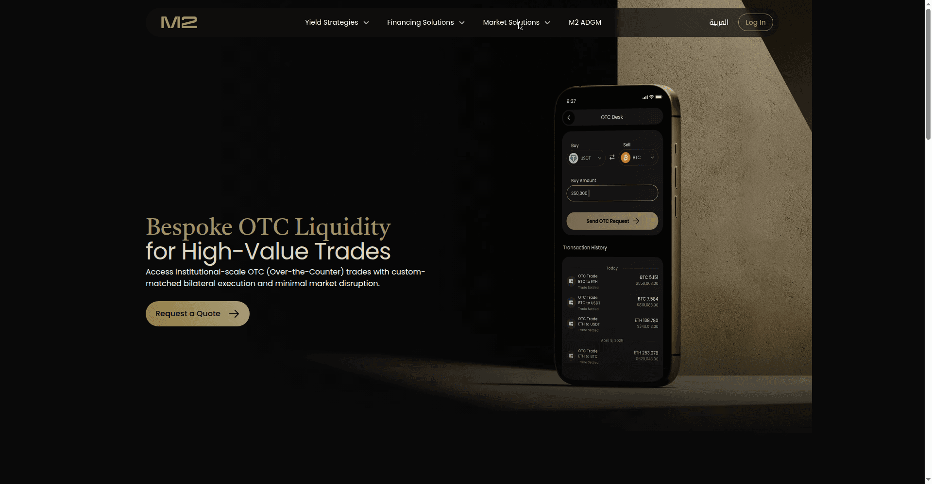 M2 OTC desk page describing bespoke liquidity for high-value trades