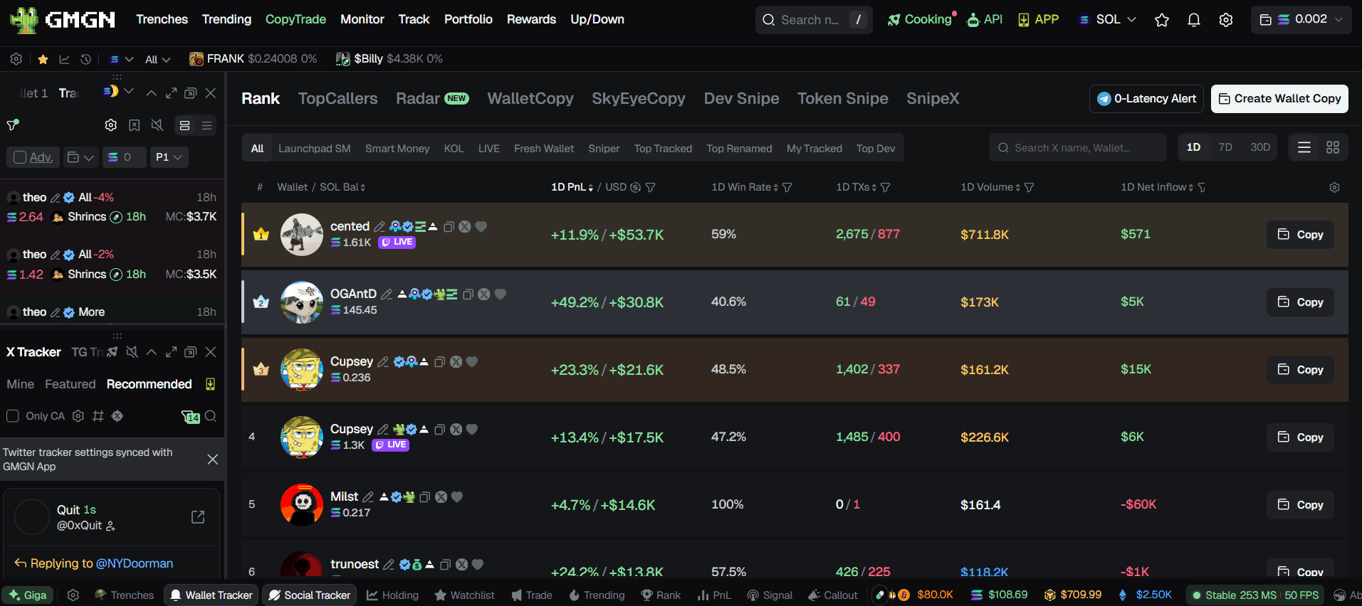 GMGN Copywallet feature showing wallet-following controls