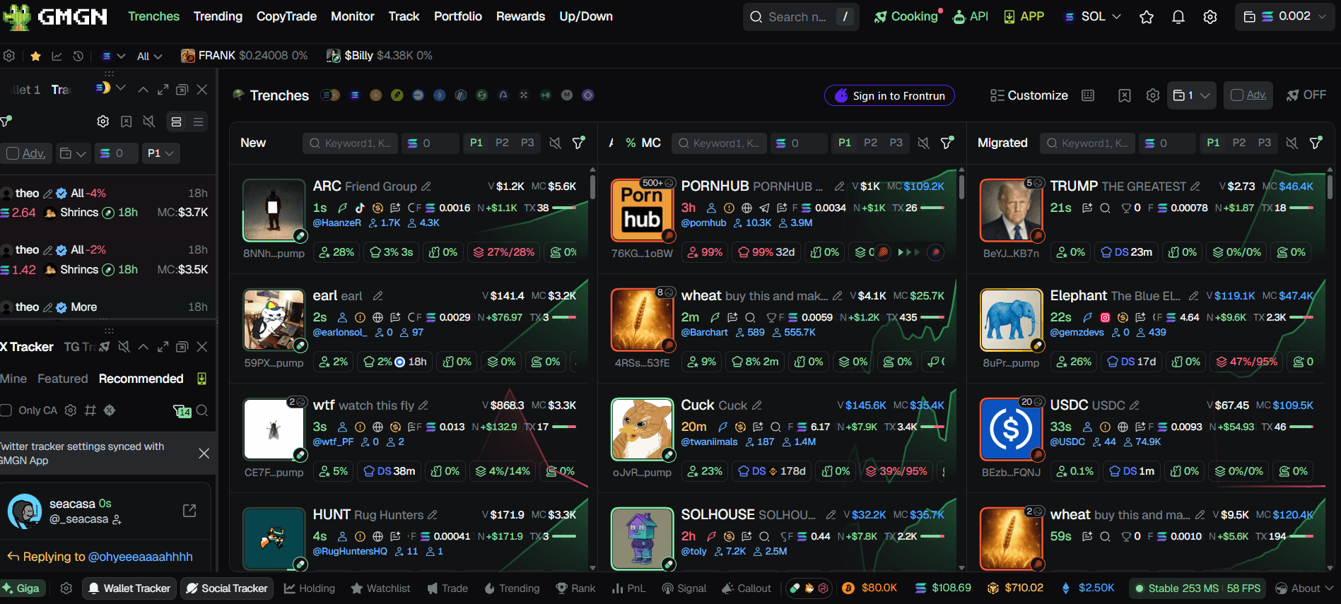 GMGN homepage showing research and trading entry points