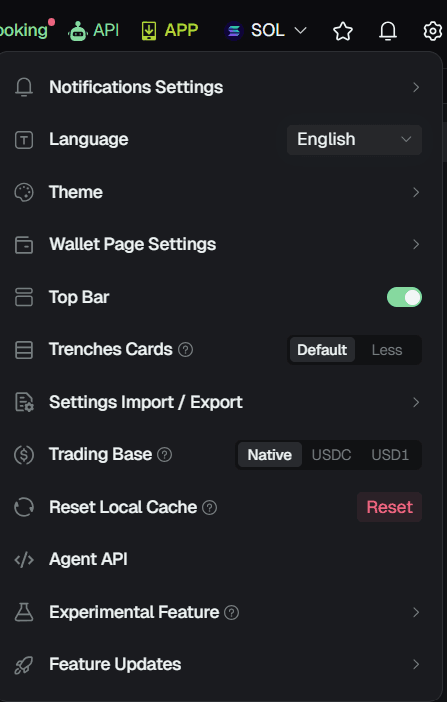 GMGN settings panel showing execution controls and Anti-MEV-related options