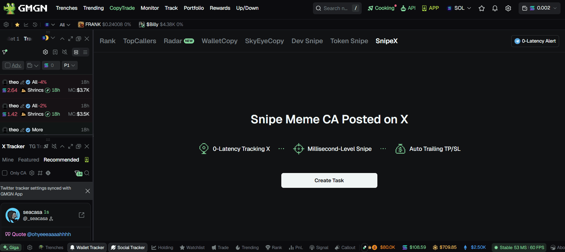 GMGN Snipe X feature showing a speed-sensitive trading workflow