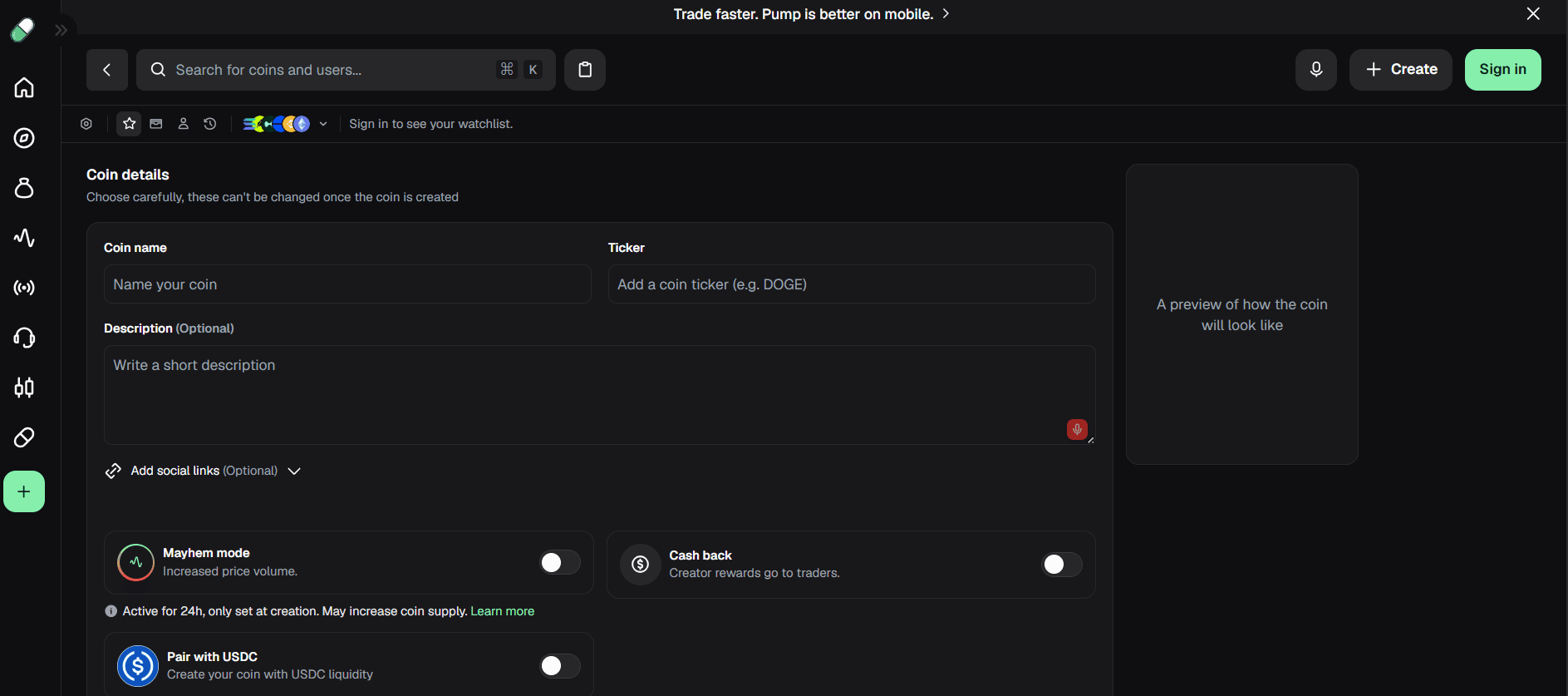 pump.fun create flow showing token-launch fields and submission controls