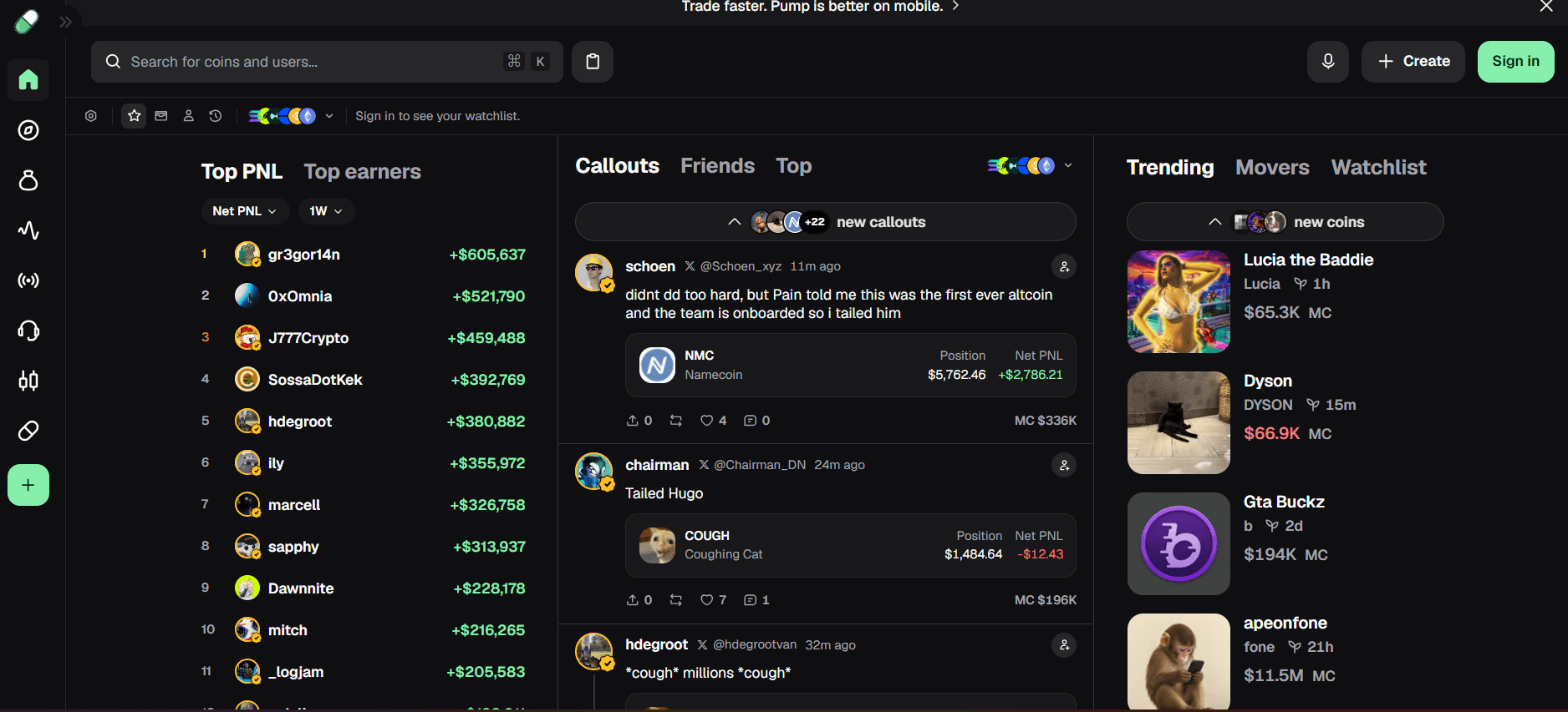 pump.fun homepage showing token discovery, feed, trending movers and launch navigation