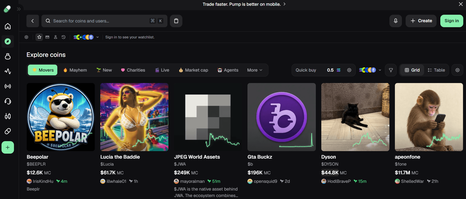 pump.fun launches view showing newly created token listings