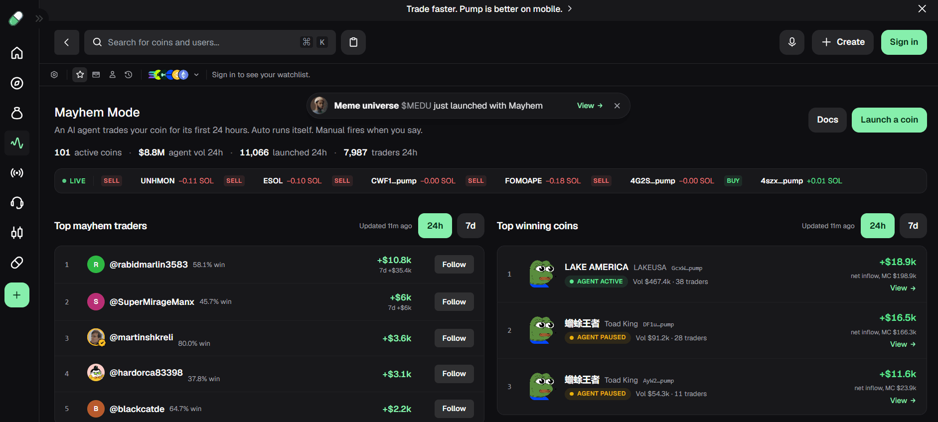 pump.fun market-activity surface showing live meme-coin activity
