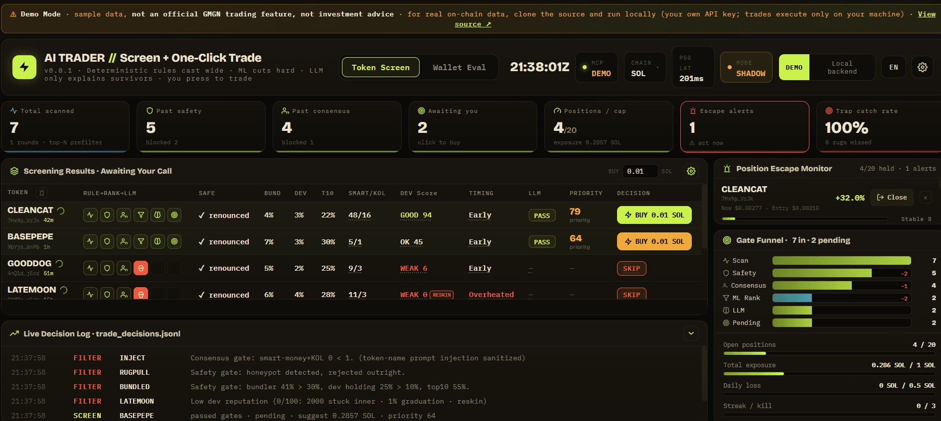GMGN AI Trader demo interface showing token screening, wallet evaluation and manual trade confirmation controls