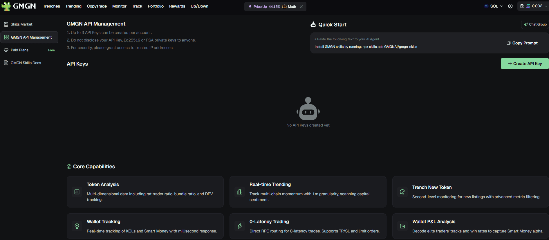 GMGN Agent API setup page showing the API key creation and key-pair workflow