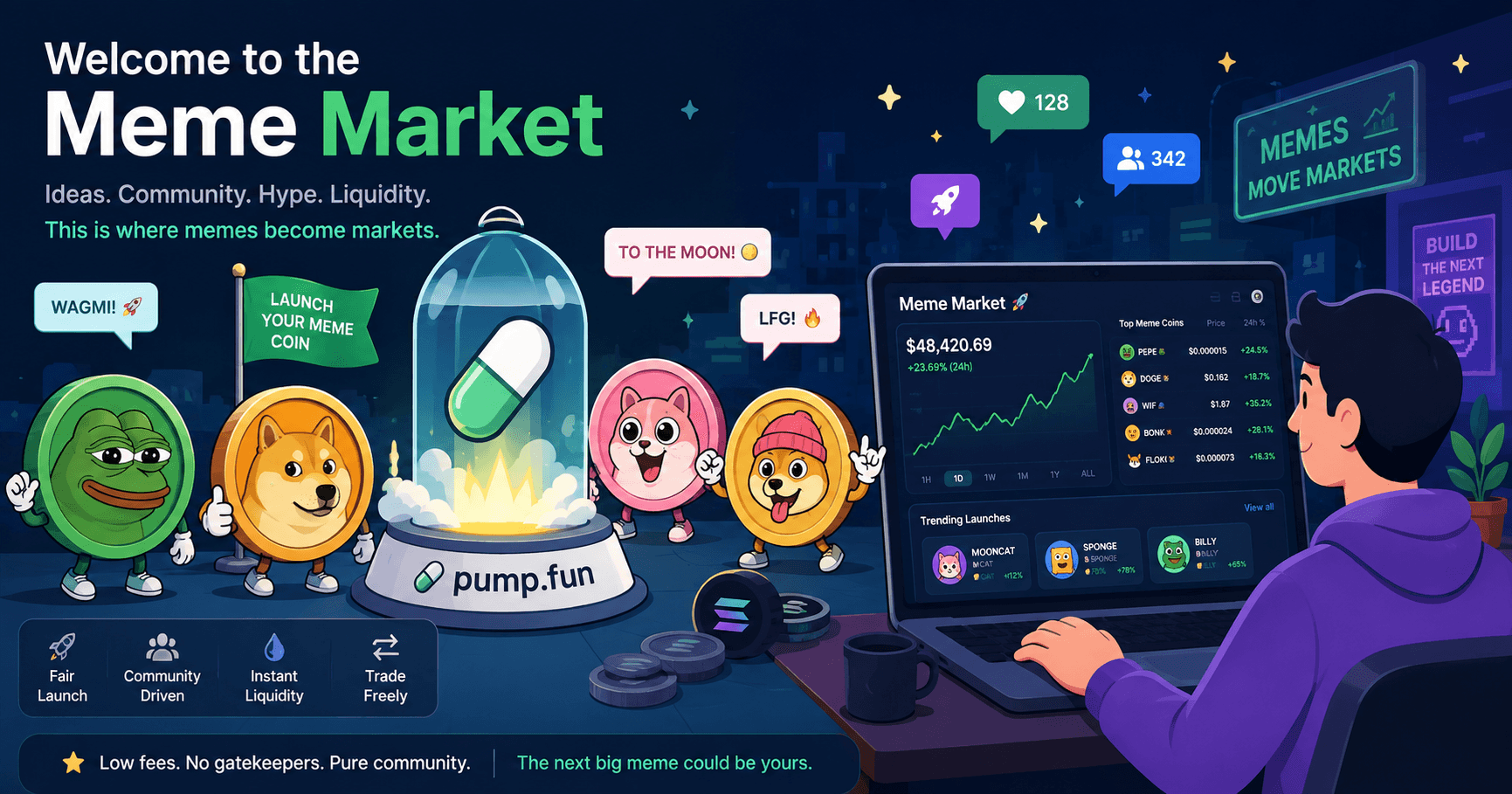Illustration of meme coins launching on platforms like pump.fun and Believe