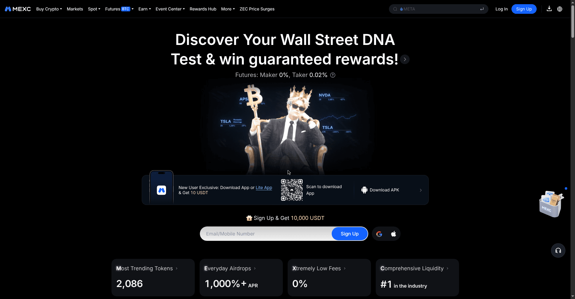 MEXC homepage with current promotions and listed tokens