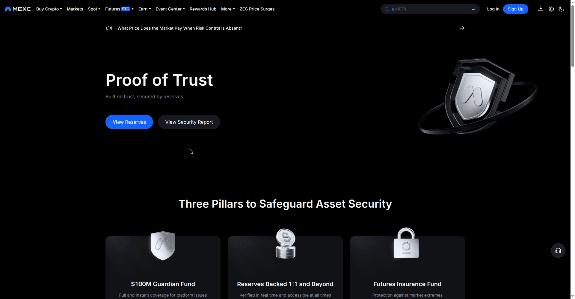 MEXC Proof of Trust page showing reserve ratios and the Guardian Fund