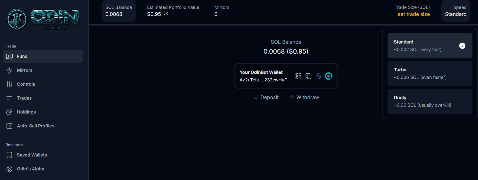 OdinBot web app fund page showing SOL balance, portfolio value, deposit and withdraw buttons, and speed tiers