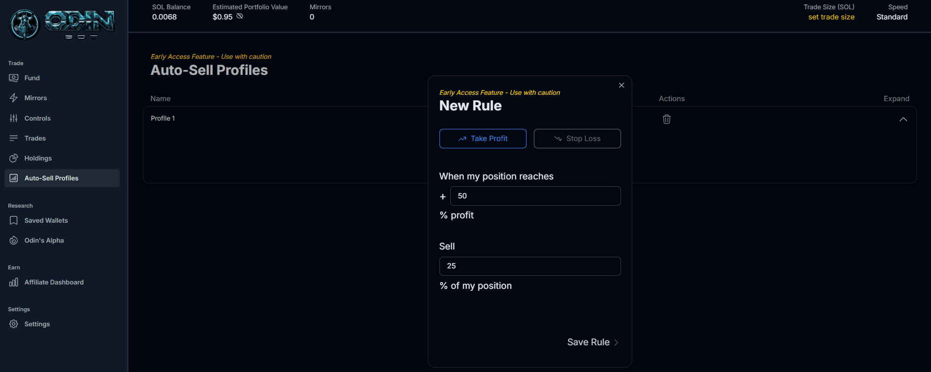 OdinBot auto-sell profile rule builder with take profit and stop loss settings