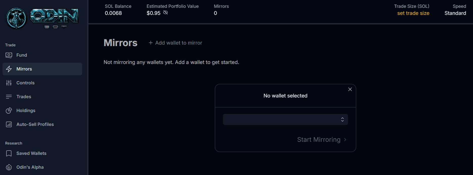 OdinBot mirrors page for adding wallets to copy trade