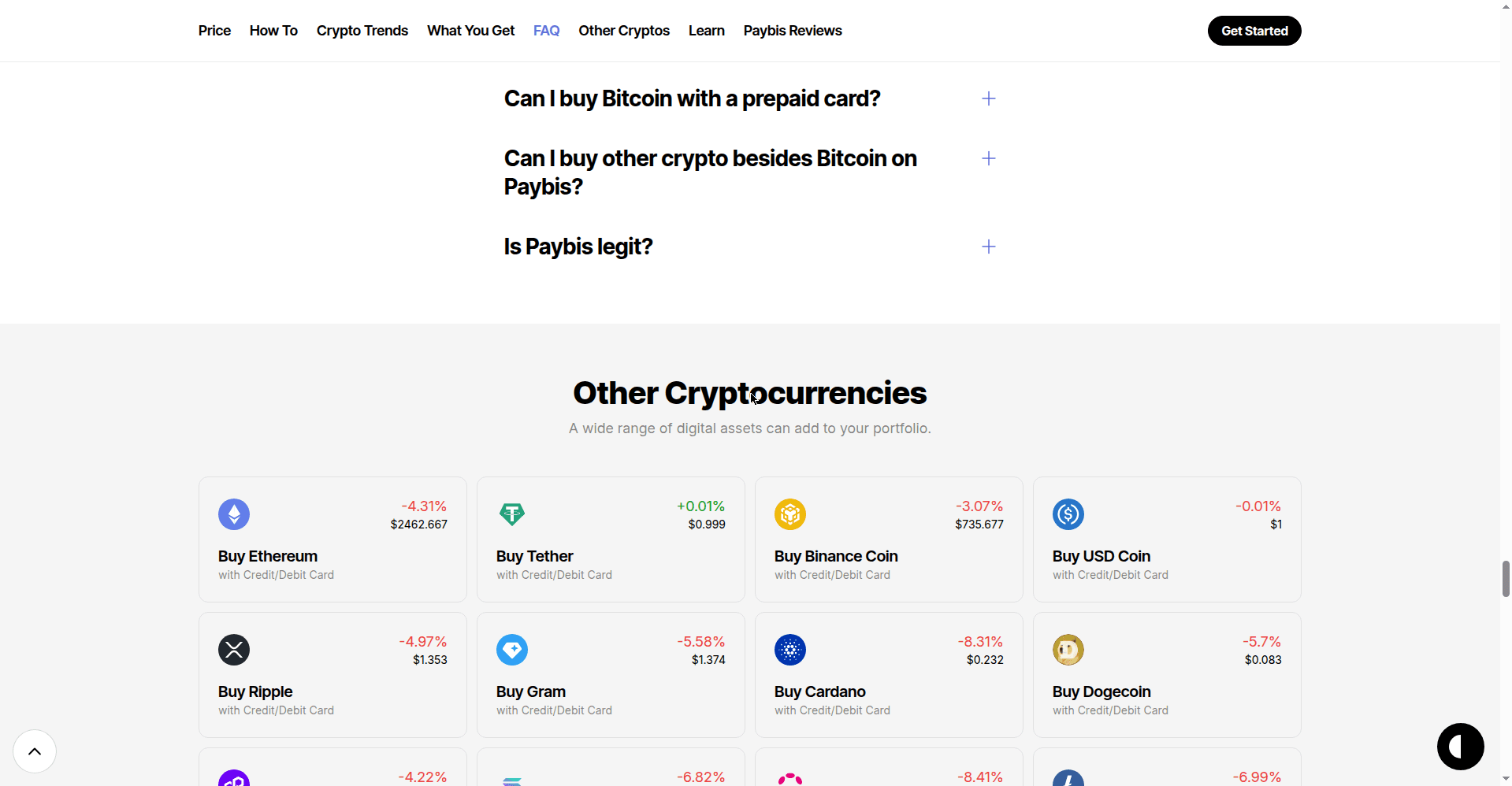 Paybis supported cryptocurrencies section showing buy options for Ethereum, Tether, BNB, and other coins