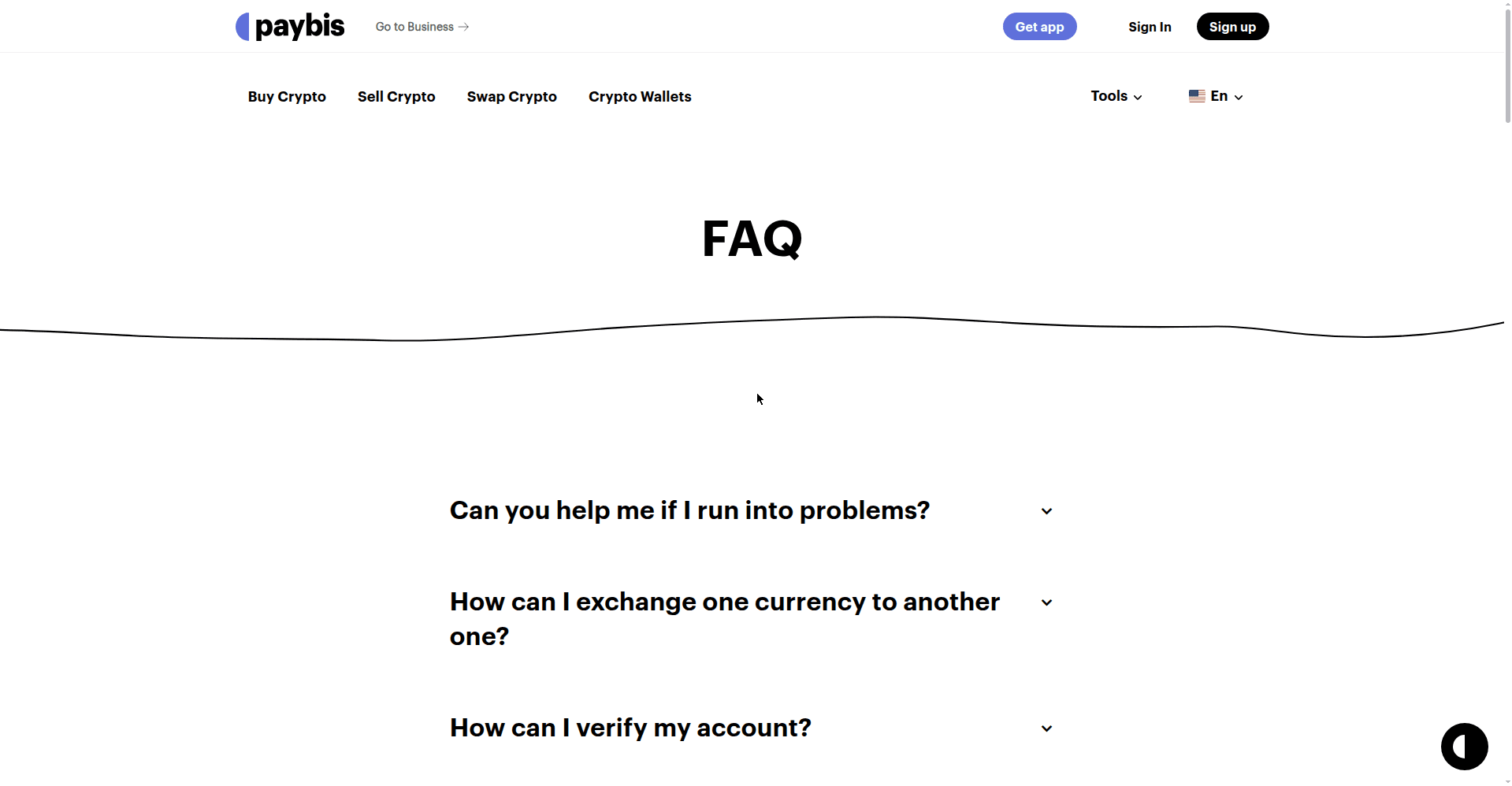 Paybis FAQ page with expandable questions about support, exchanging currency, and verification