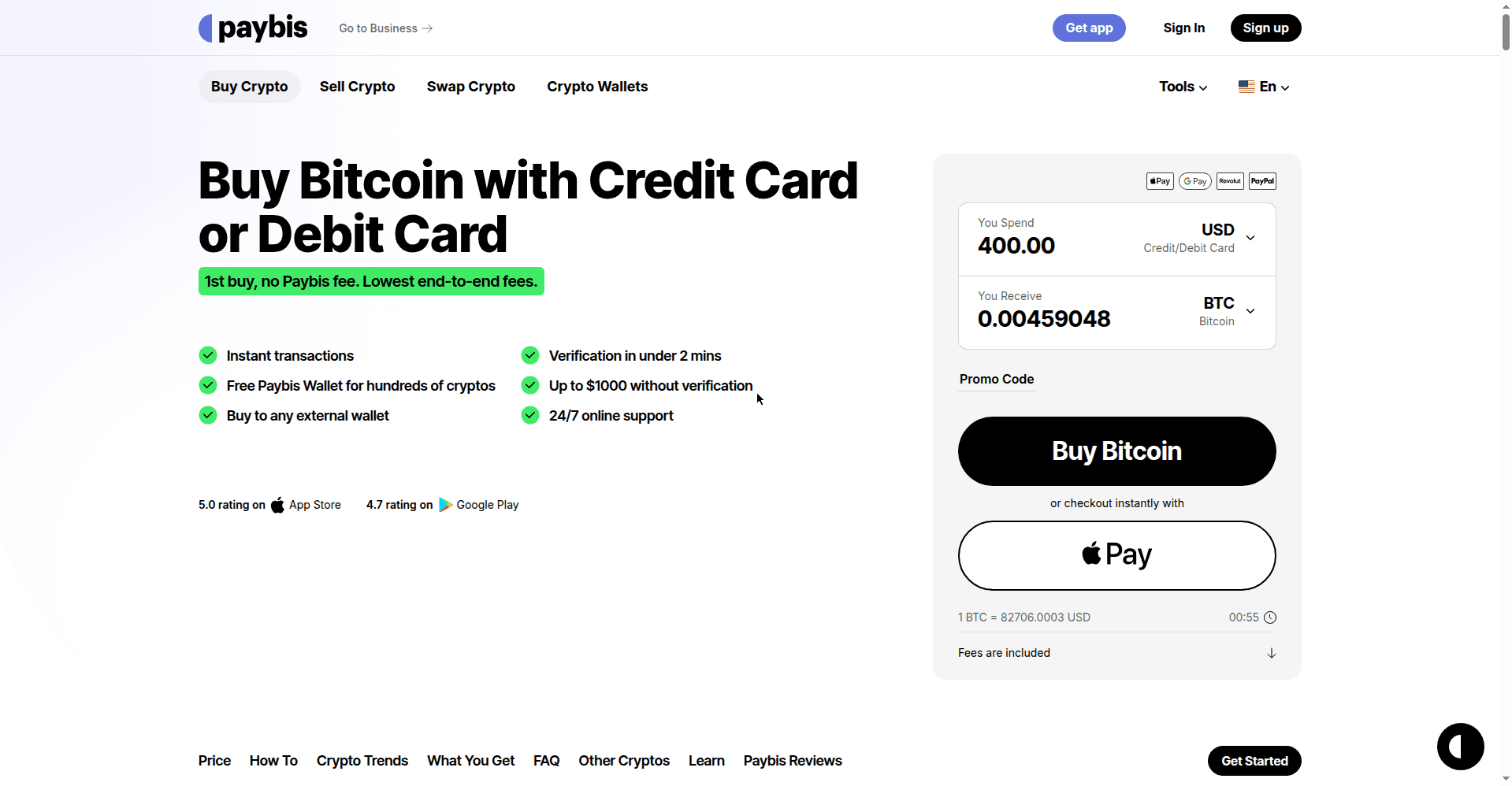 Paybis homepage with the buy Bitcoin with credit card headline and purchase widget