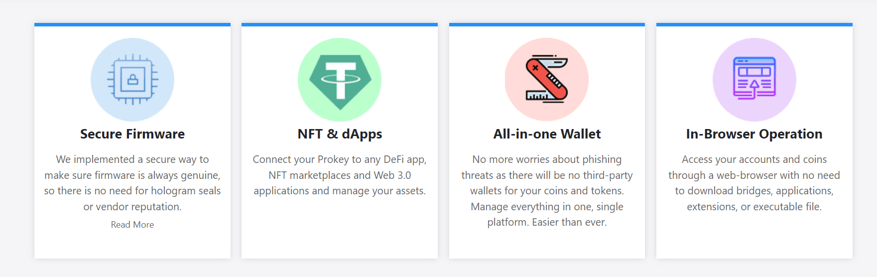 Prokey Optimum feature highlights: secure firmware, NFT and dApp support, all-in-one wallet, and in-browser operation