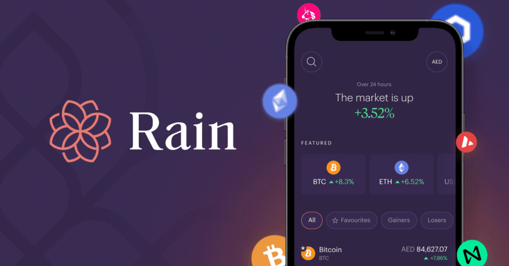 Rain mobile app showing crypto prices in UAE dirhams